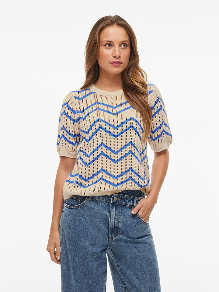 Vila Sweter "Autra" w kolorze kremowo-niebieskim rozmiar: L