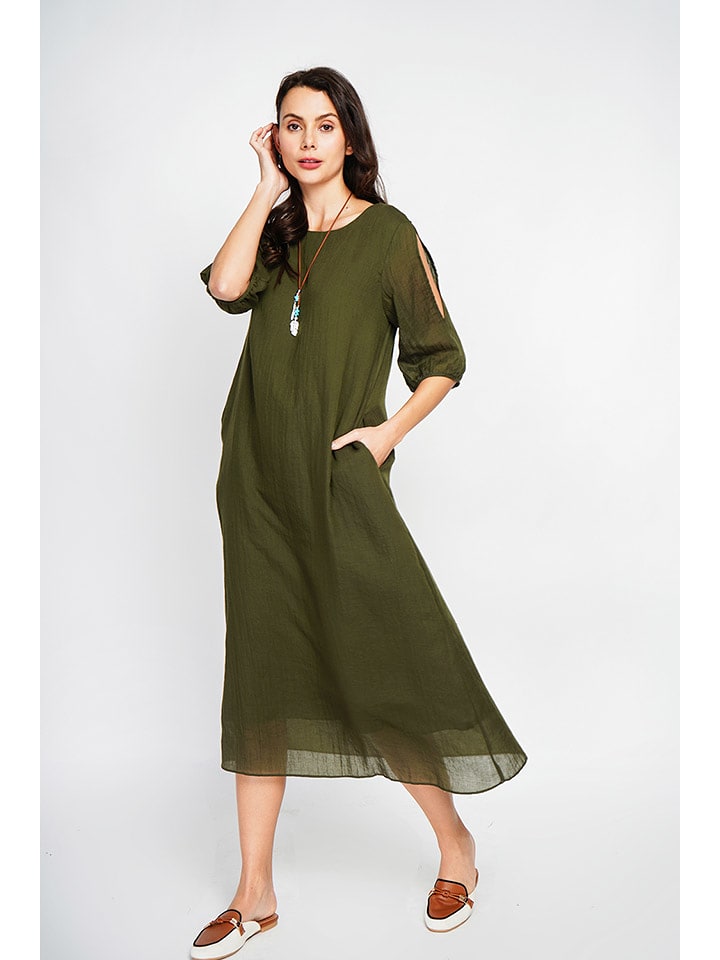 ASSUILI Lniana sukienka w kolorze khaki rozmiar: 38