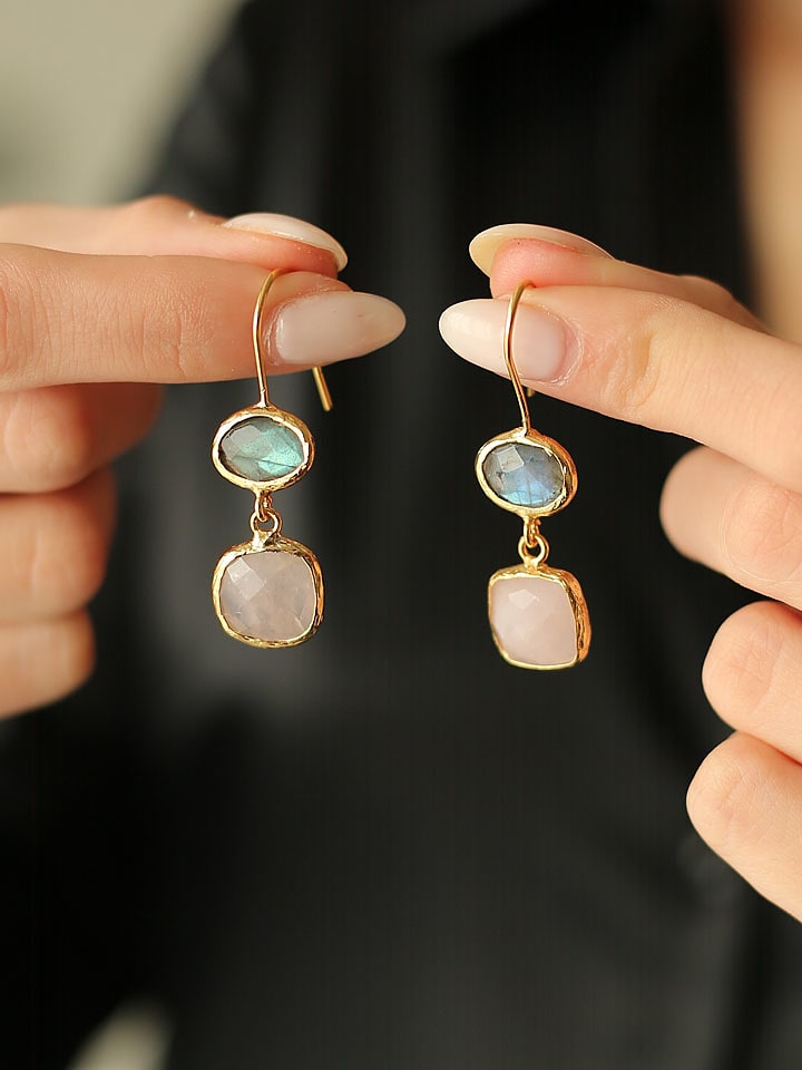 Pierres de Jade Pozłacane kolczyki z kwarcem różowym i prehnitami rozmiar: onesize