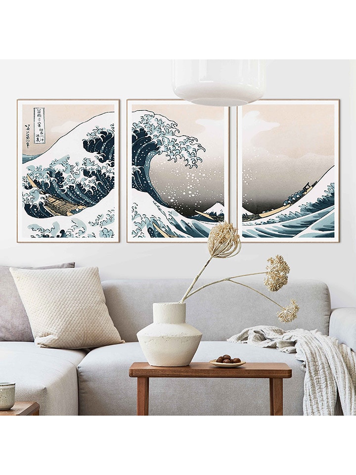 Orangewallz Druki artystyczne (3 szt.) "Hokusai - the great wave" w ramce rozmiar: 50x70 cm