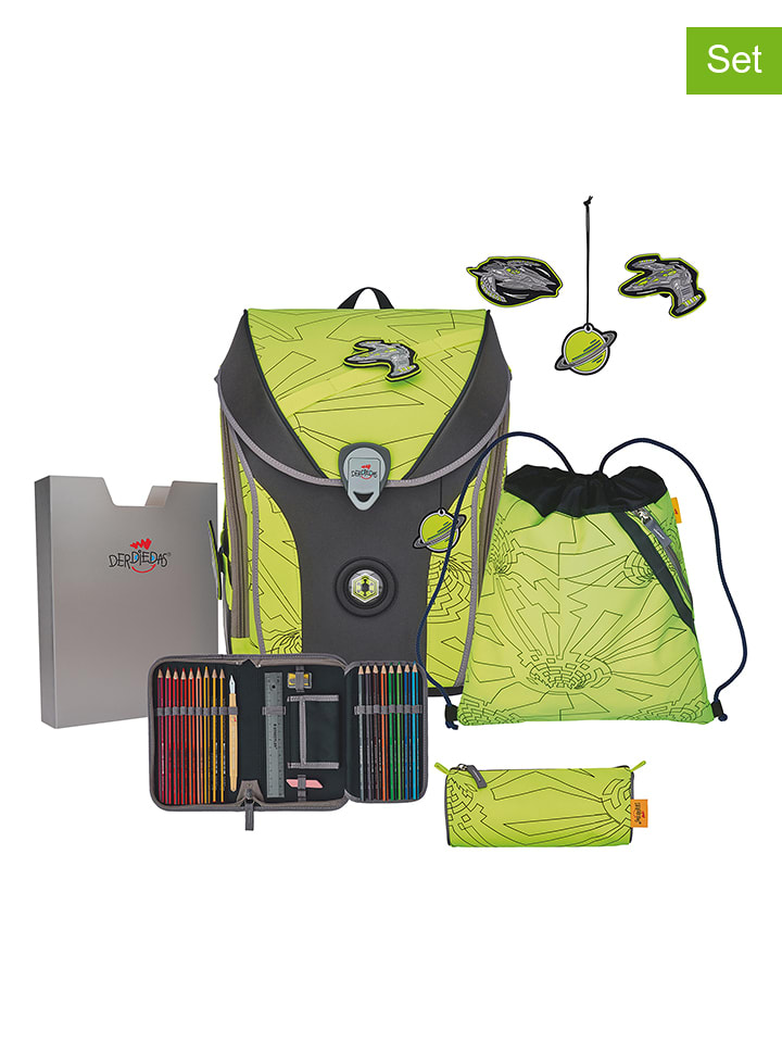 DerDieDas 6-częściowy zestaw szkolny "Neon Fighter" w kolorze antracytowo-jasnozielonym rozmiar: onesize