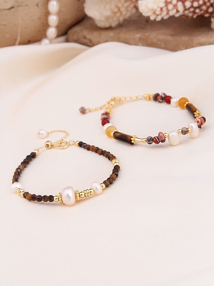 Pierres de Jade Pozłacane bransoletki (2 szt.) z perłami i kamieniami szlachetnymi rozmiar: onesize