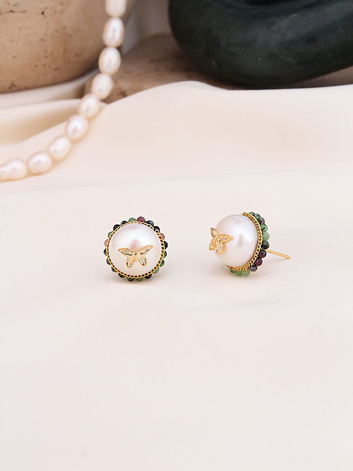 Pierres de Jade Pozłacane kolczyki-wkrętki z perłami i prehnitami rozmiar: onesize