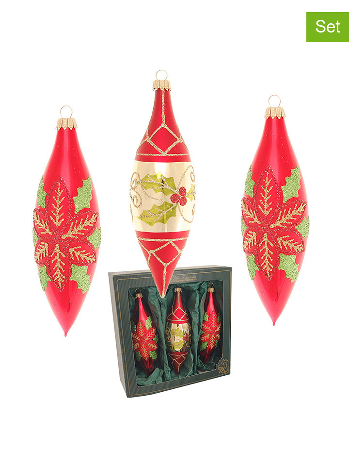 Krebs Glas Lauscha Bombki (3 szt.) w kolorze czerwono-złotym - dł. 15 cm rozmiar: onesize