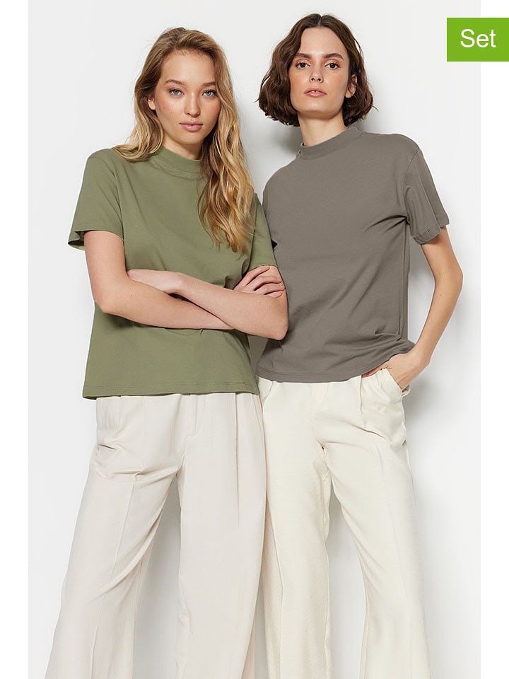 trendyol Koszulki (2 szt.) w kolorze oliwkowo-brązowym rozmiar: M