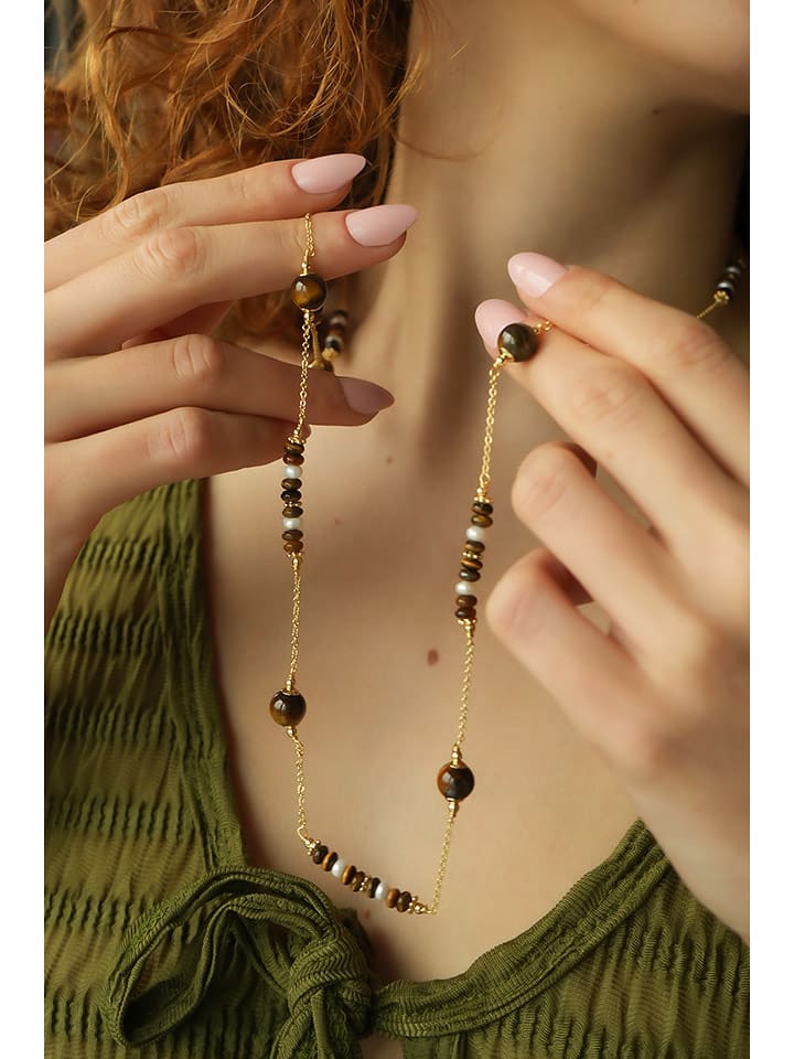 Pierres delicates Pozłacany naszyjnik z tygrysim okiem - dł. 70 cm rozmiar: onesize