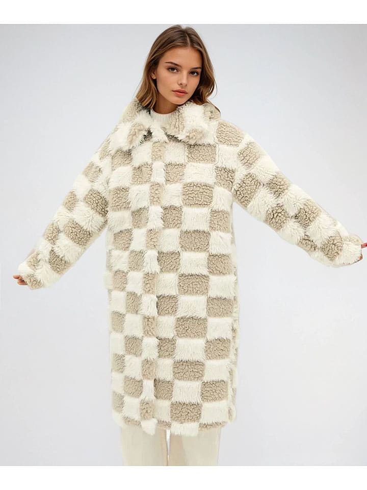 Monki Płaszcz pluszowy w kolorze beżowo-kremowym rozmiar: S