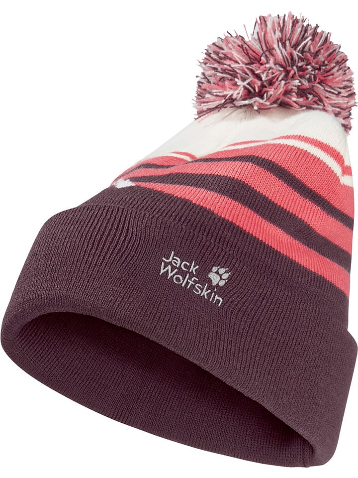 Jack Wolfskin Czapka "Stripy Pompom" w kolorze jagodowo-różowo-kremowym rozmiar: M