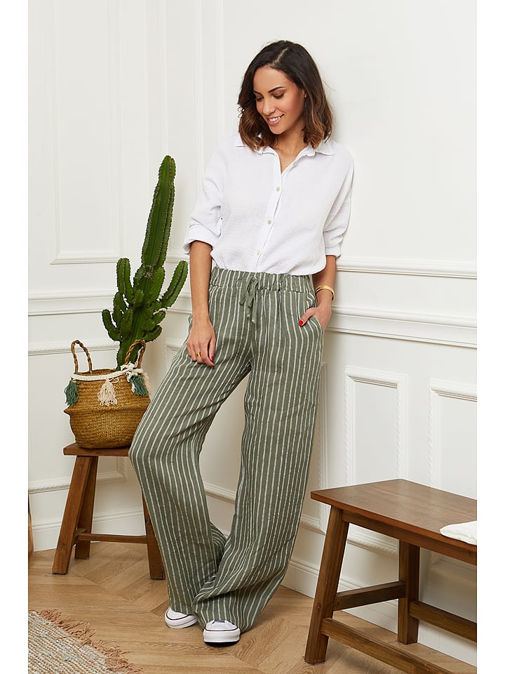 Le Monde du Lin Lniane spodnie w kolorze oliwkowym rozmiar: 38/40