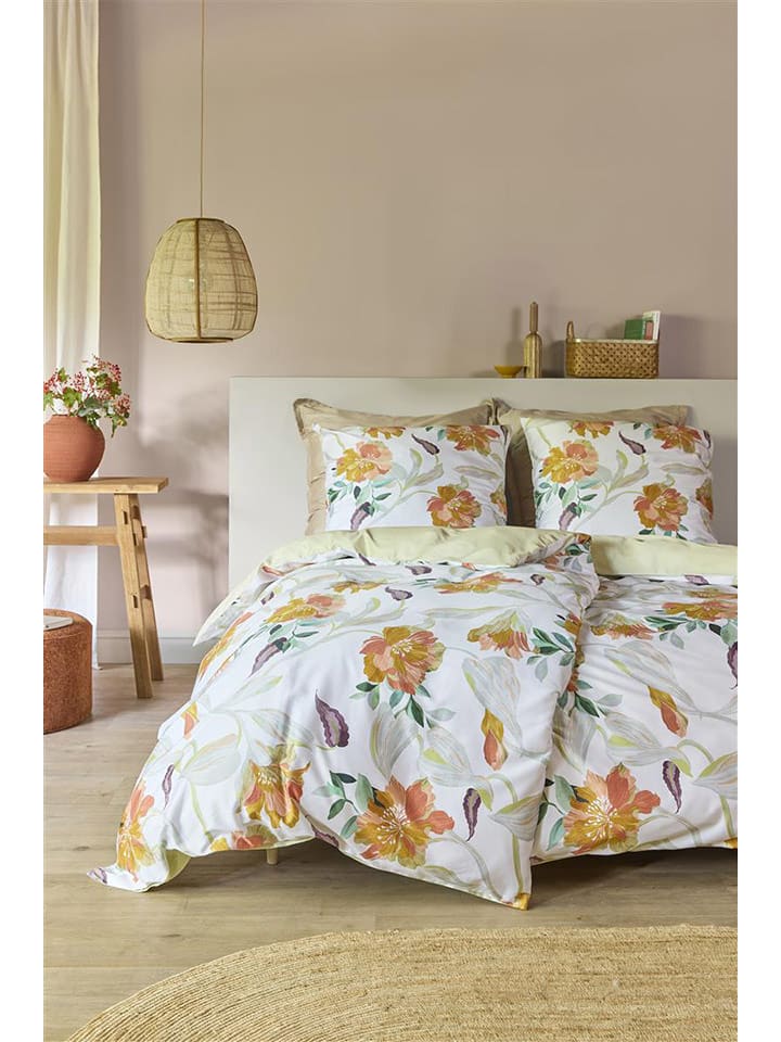 Beddinghouse Komplet pościeli satynowej "Freya" w kolorze biało-pomarańczowo-zielonym rozmiar: 135x200 cm