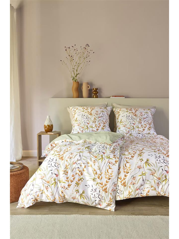 Beddinghouse Komplet pościeli satynowej "Karlee" w kolorze biało-pomarańczowo-zielonym rozmiar: 155x220 cm