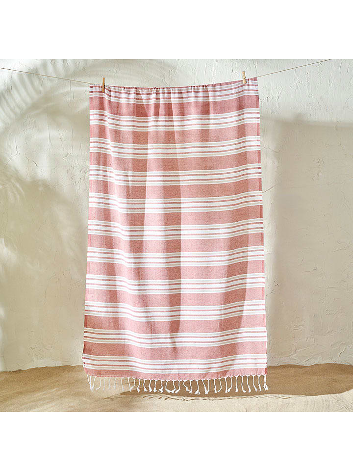 BELLA MAISON Ręcznik plażowy "Stripe" w kolorze biało-pomarańczowym rozmiar: 90x160 cm