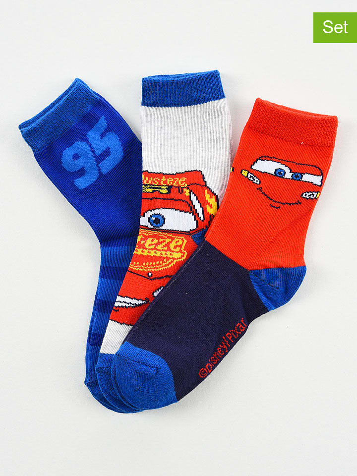 Disney Cars Skarpety (3 pary) "Auta" w kolorze niebiesko-czerwono-jasnoszarym rozmiar: 31-34