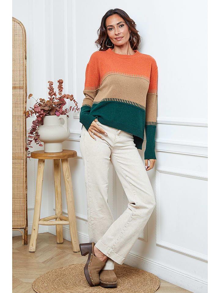 Joséfine Sweter "Lurcia" w kolorze beżowo-zielono-pomarańczowym rozmiar: L