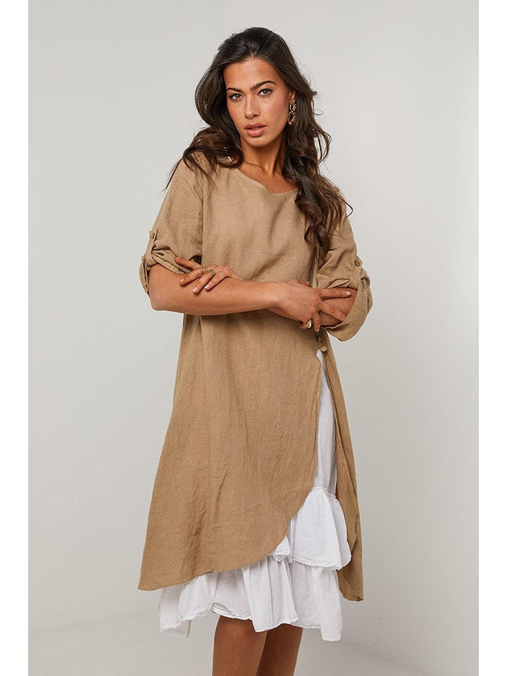 Le Monde du Lin Lniana sukienka w kolorze beżowo-białym rozmiar: 36/38