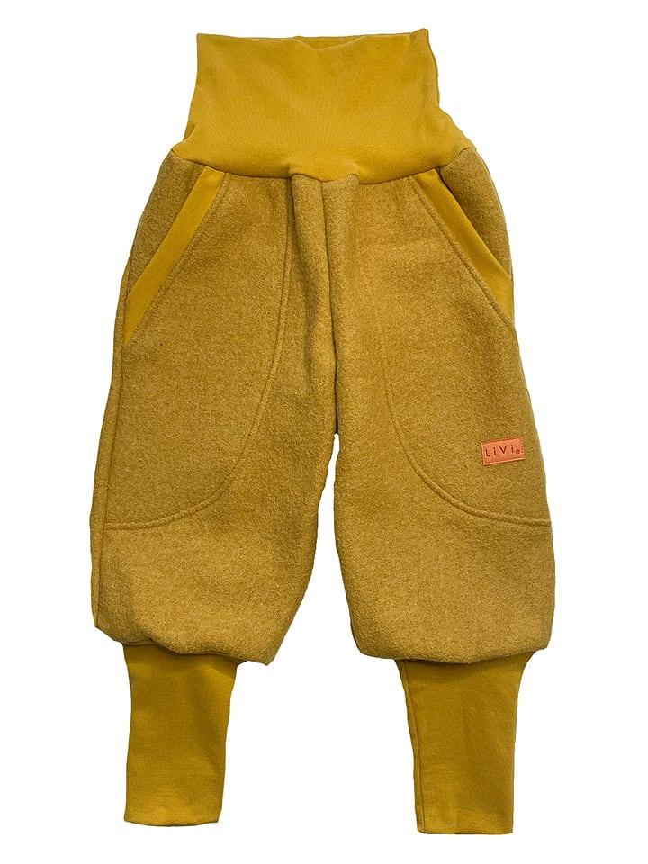 LiVi Wełniane spodnie "Streetstyle" w kolorze musztardowym rozmiar: 80/86