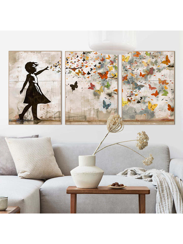 Orangewallz Druki artystyczne (3 szt.) "Balloon Girl Bright" w ramce rozmiar: 50x70 cm