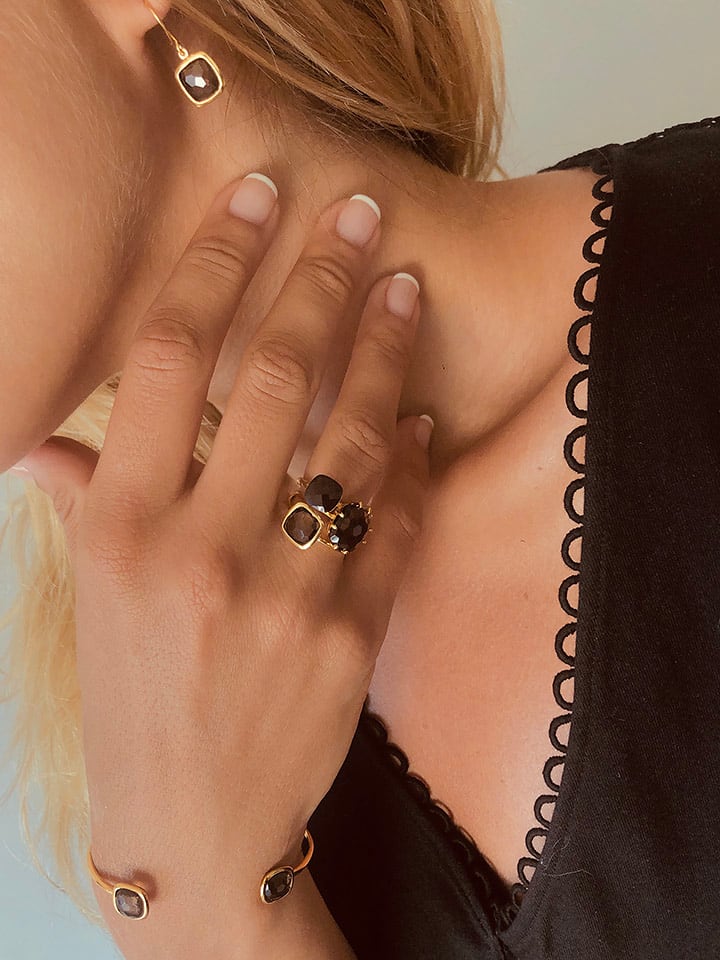 Les Petites Précieuses Pozłacany pierścionek z kwarcem rozmiar: 60