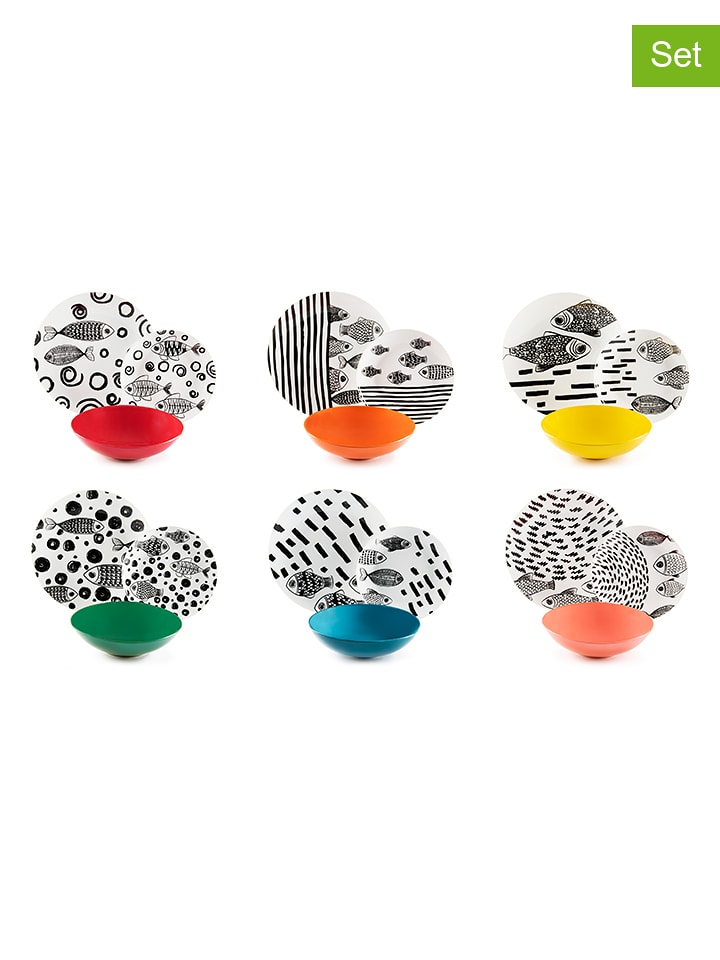 Trendy Kitchen by EXCÉLSA 18-częściowy zestaw talerzy "Fishes" w kolorze czarno-białym ze wzorem rozmiar: onesize