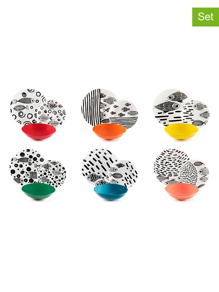 Trendy Kitchen by EXCÉLSA 18-częściowy zestaw talerzy "Fishes" w kolorze czarno-białym ze wzorem rozmiar: onesize