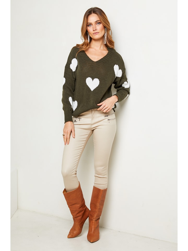 Joséfine Sweter "Arik" w kolorze oliwkowo-białym rozmiar: L
