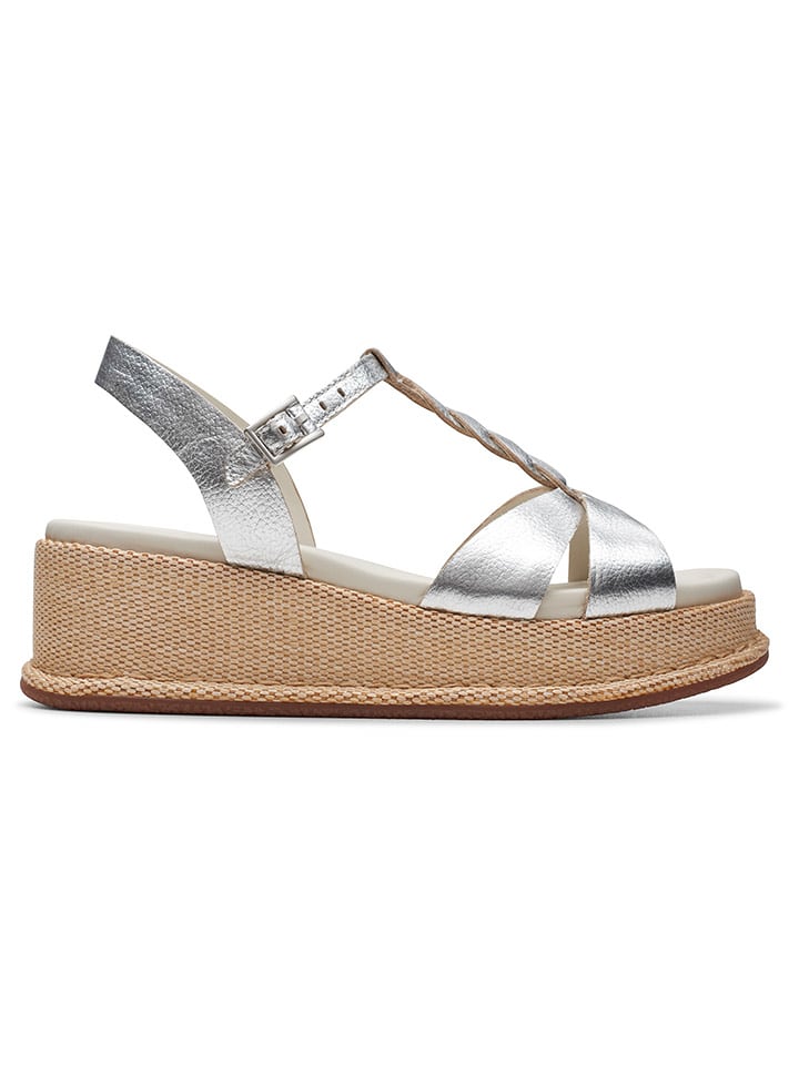 Clarks Skórzane sandały "Kimmei Twist" w kolorze srebrnym na koturnie rozmiar: 41