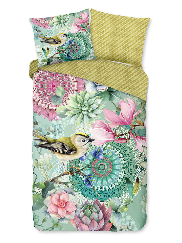 Hip Komplet pościeli satynowej "Xabine" w kolorze miętowo-jasnoróżowym rozmiar: 200x200 cm