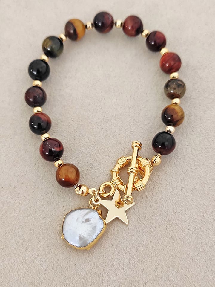 Nakkash Pozłacana bransoletka z tygrysim okiem i perłą rozmiar: onesize