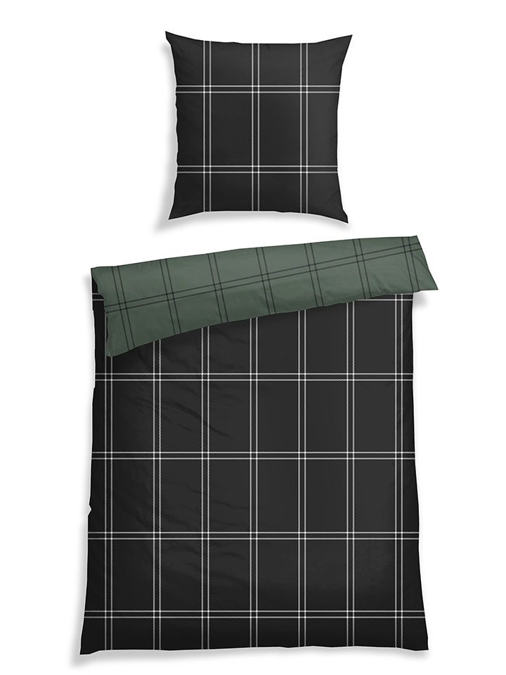 Schiesser Komplet pościeli flanelowej "Ellis" w kolorze zielono-czarnym rozmiar: 155x220 cm