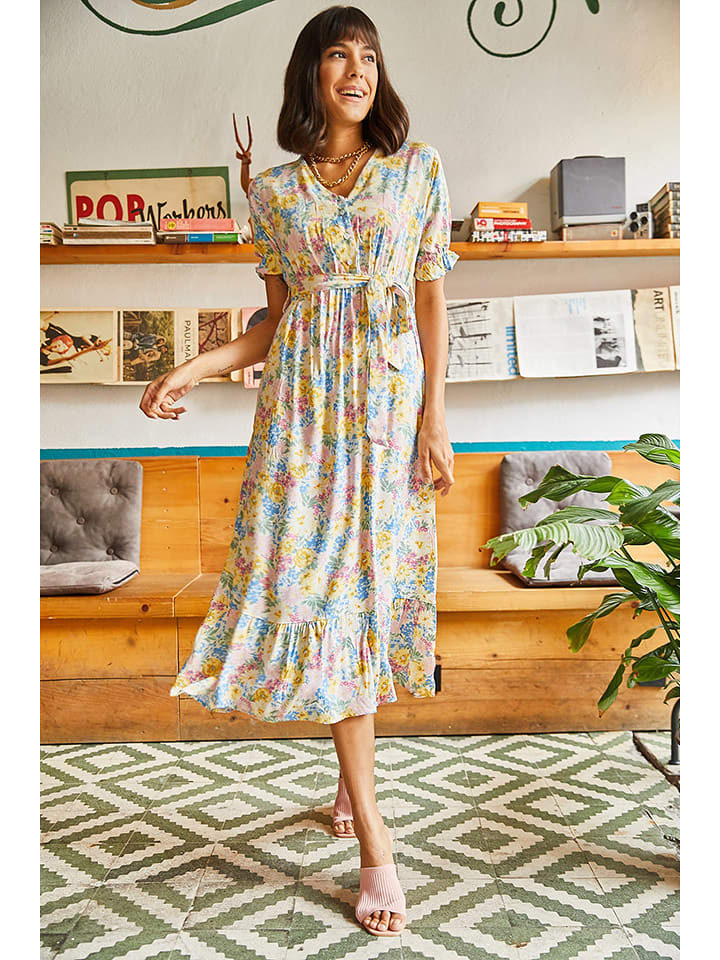 Olalook Sukienka w kolorze żółtym ze wzorem rozmiar: M