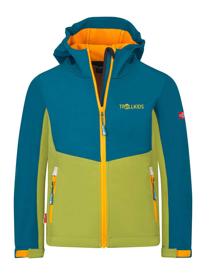 Trollkids Kurtka softshellowa "Kristiansand" w kolorze zielono-niebiesko-pomarańczowym rozmiar: 116