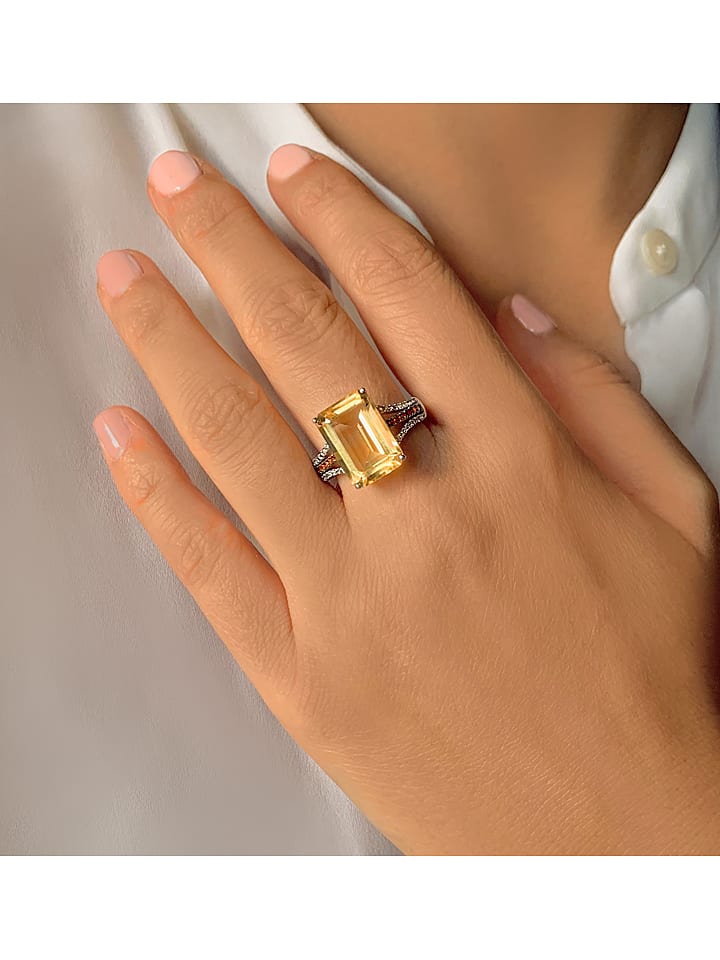 Les Petites Précieuses Srebrny pierścionek z cytrynem i cyrkonią rozmiar: 52