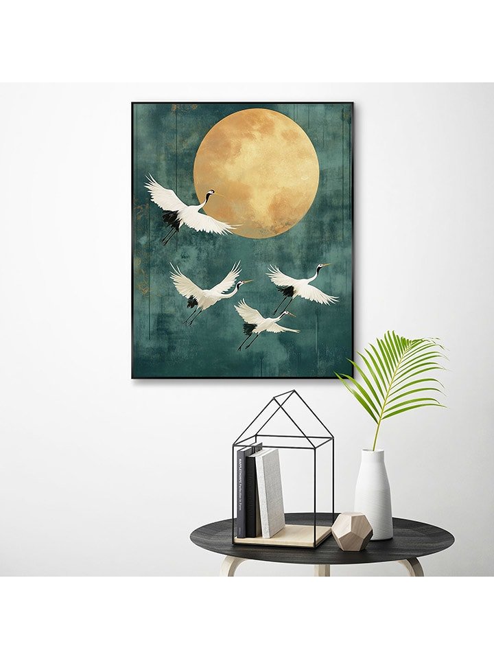 Orangewallz Druk artystyczny "Evening Cranes Green" w ramce rozmiar: 40x50 cm