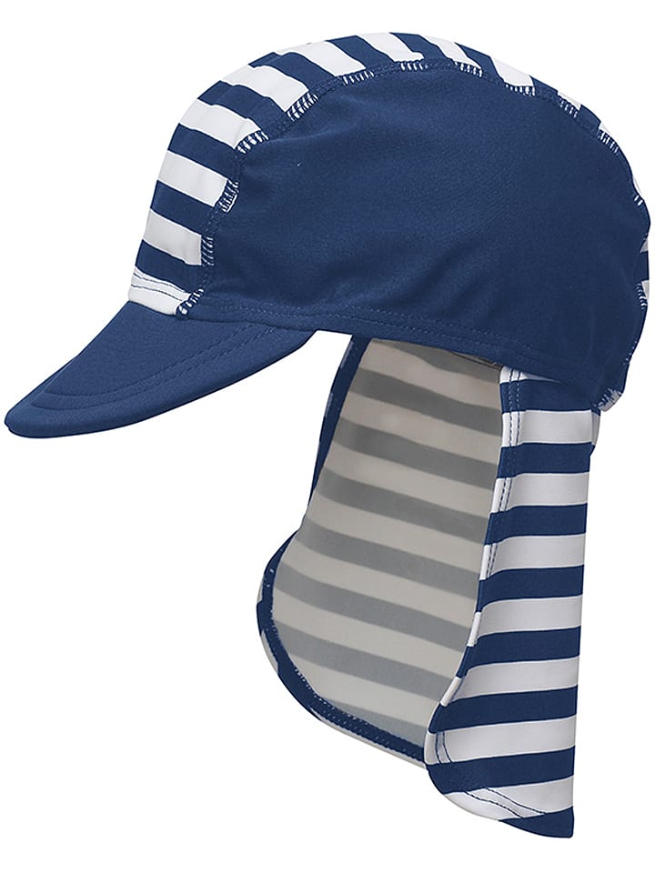 Playshoes Czapka "Maritim" w kolorze granatowo-białym z osłoną karku rozmiar: 49 cm