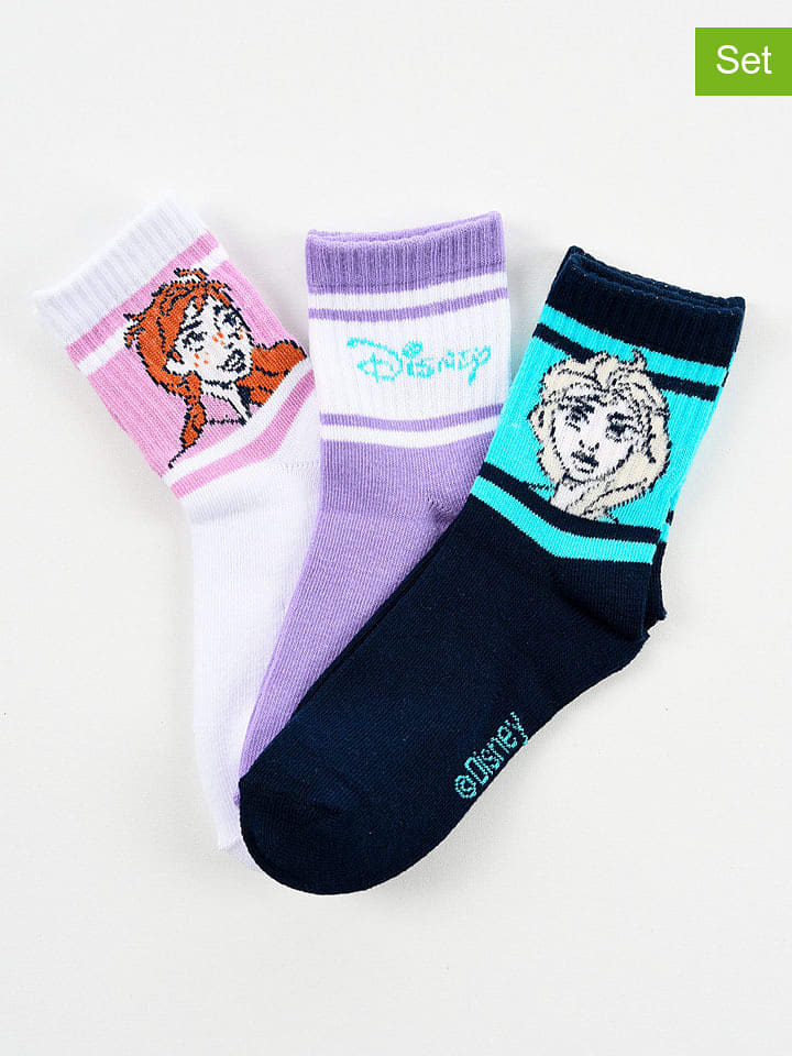 FROZEN Skarpety (3 pary) "Kraina Lodu" w kolorze granatowym, fioletowym i białym rozmiar: 31-34