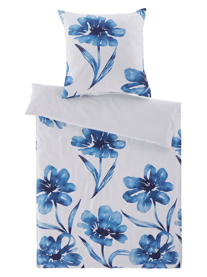 heine home Komplet pościeli satynowej w kolorze biało-niebieskim rozmiar: 155x220 cm