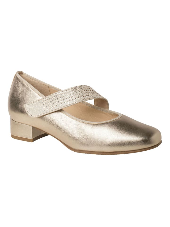 HASSIA Skórzane baleriny "Cordoba" w kolorze złotym z paskiem rozmiar: 41,5