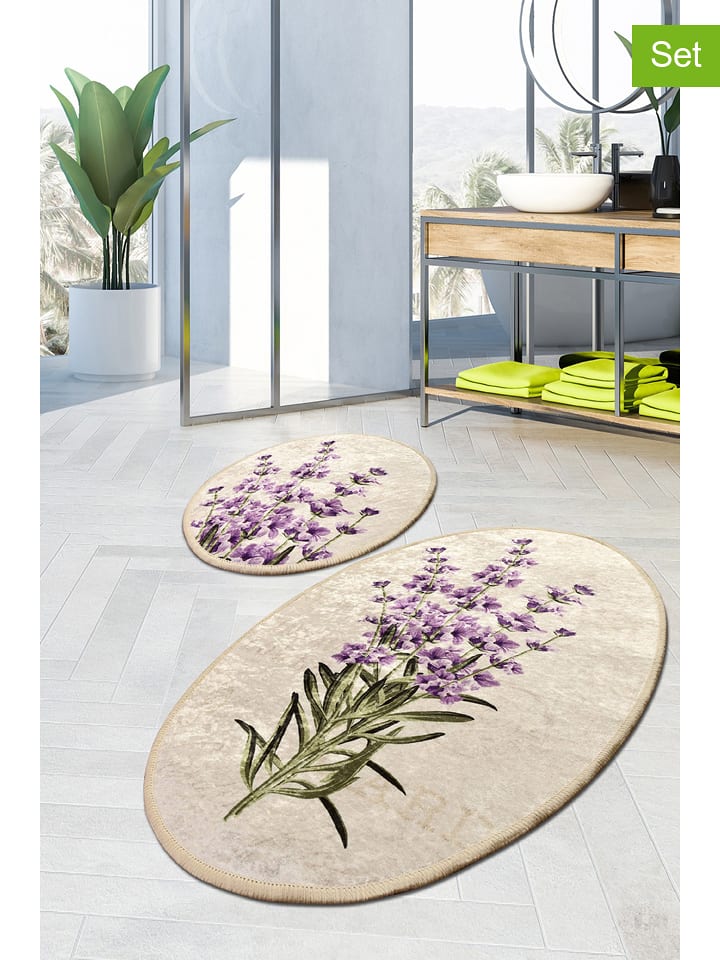Colourful Cotton Dywaniki łazienkowe (2 szt.) "Lavender" w kolorze kremowo-fioletowym rozmiar: onesize