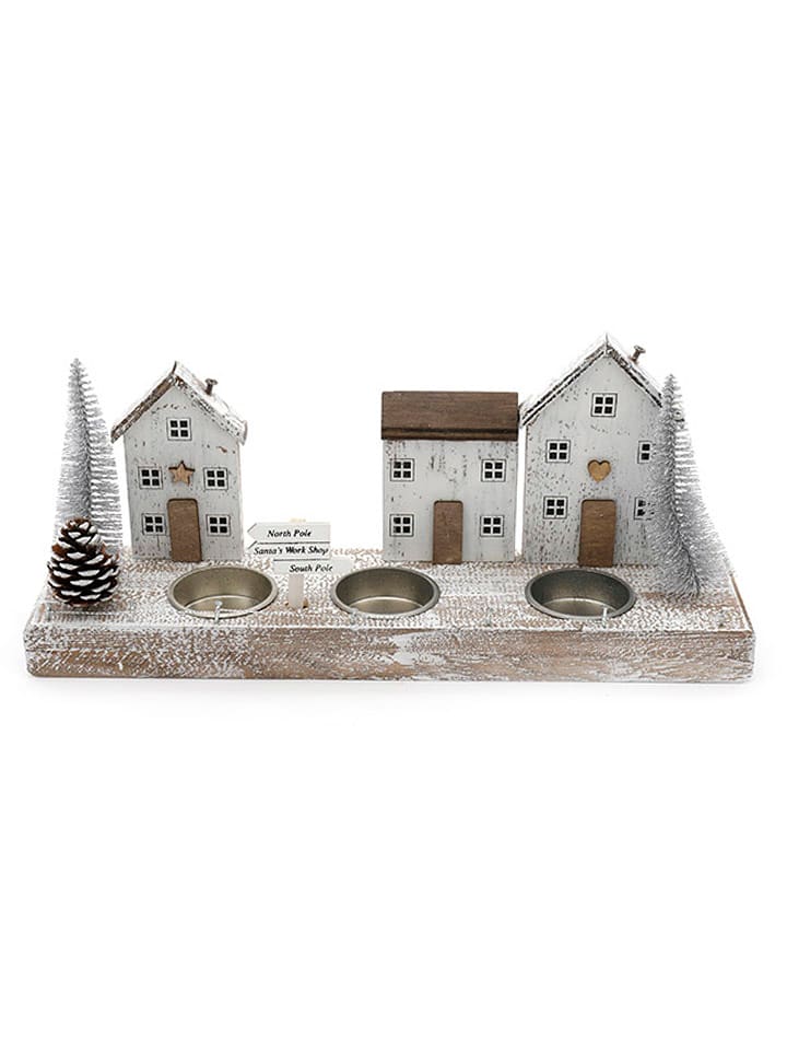 SiL Interiors Świecznik "Xmas Houses" w kolorze jasnobrązowo-białym - 30 x 13,5 x 7,5 cm rozmiar: onesize