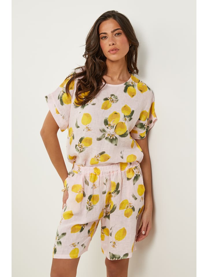 Le Monde du Lin Lniana koszulka w kolorze jasnoróżowo-żółtym rozmiar: 40/42
