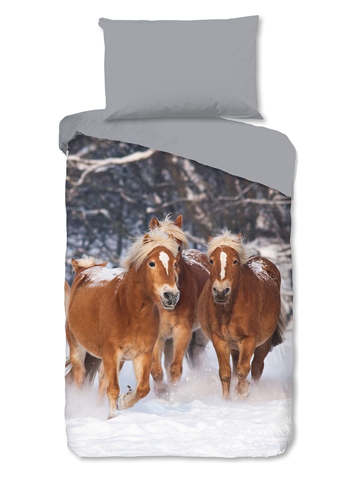 Good Morning Komplet pościeli flanelowej "Happy Horses" w kolorze szaro-jasnobrązowym rozmiar: 135x200 cm