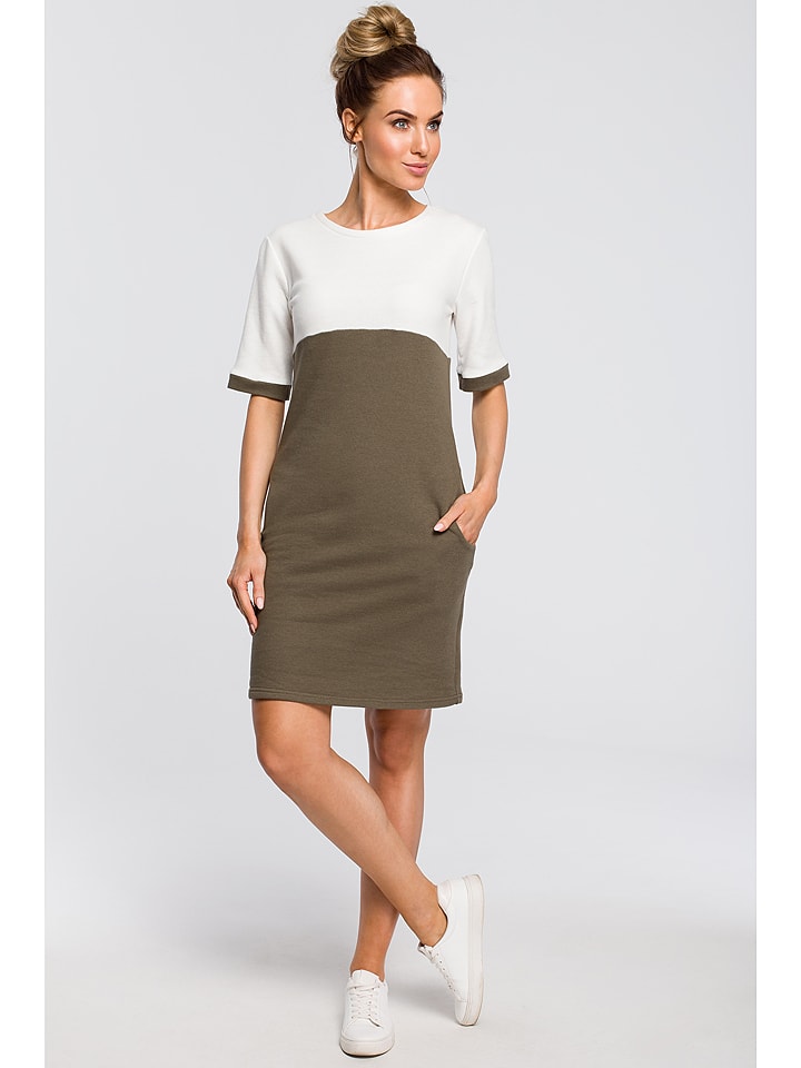 made of emotion Sukienka w kolorze oliwkowo-białym rozmiar: XL