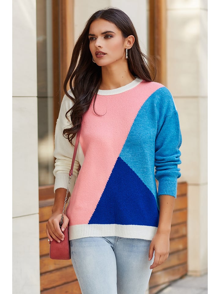 Milan Kiss Sweter w kolorze biało-jasnoróżowo-niebieskim rozmiar: L