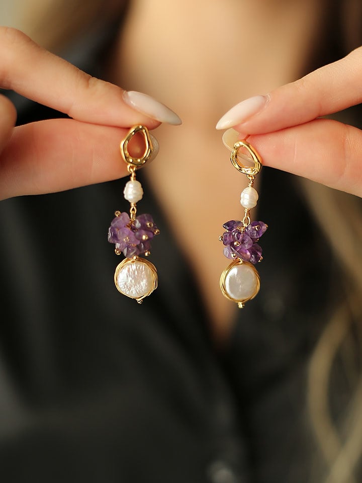 Pierres delicates Pozłacane kolczyki-wkrętki z perłami i ametystami rozmiar: onesize