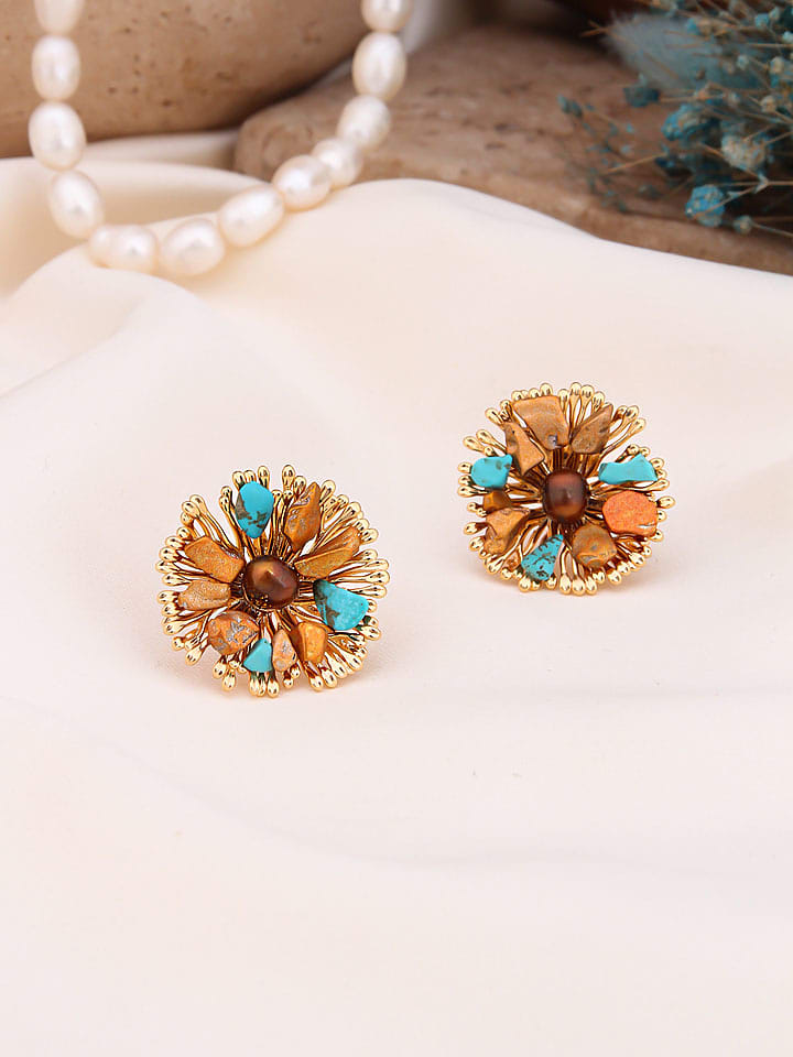 Pierres de Jade Pozłacane kolczyki-wkrętki z perłami i turkusami rozmiar: onesize