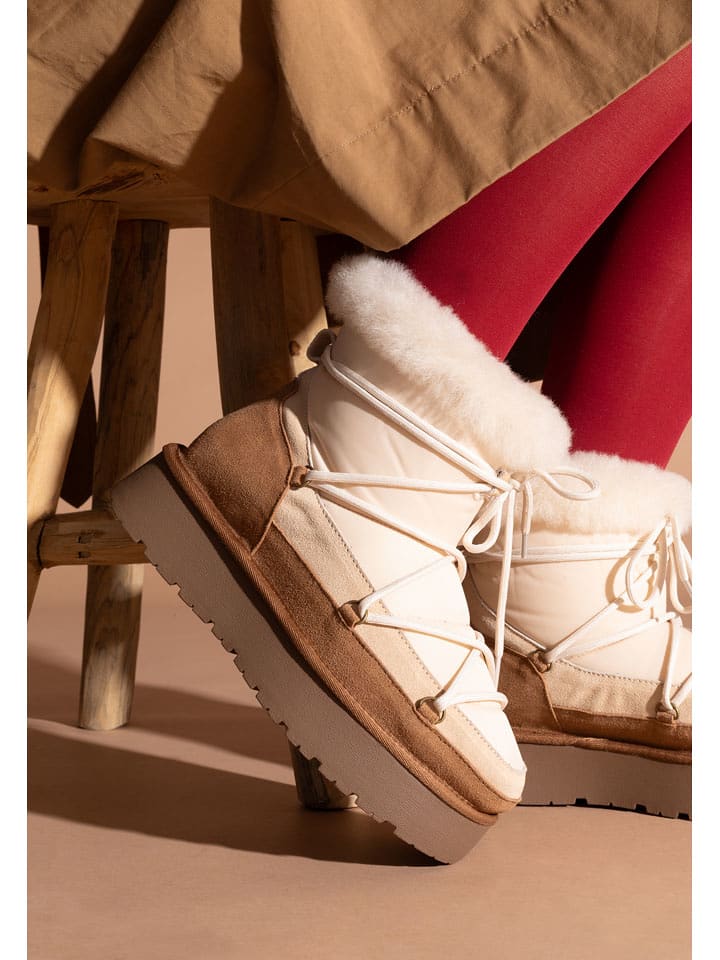Gooce Skórzane botki zimowe "Warm" w kolorze jasnobrązowo-białym rozmiar: 39