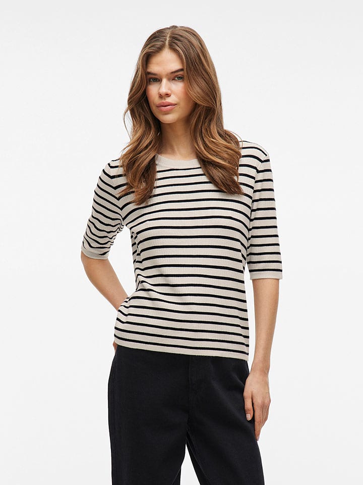 Vila Koszulka "Zicha" w kolorze kremowo-czarnym rozmiar: L