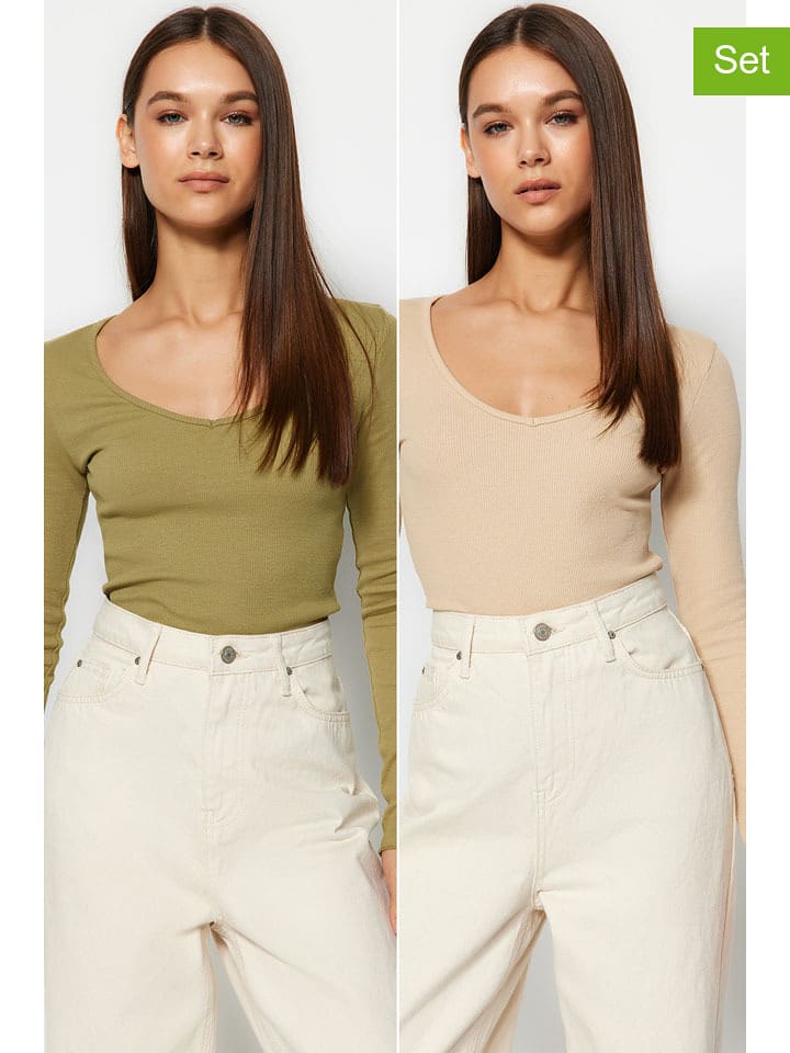 trendyol Koszulki (2 szt.) w kolorze beżowym i oliwkowym rozmiar: S