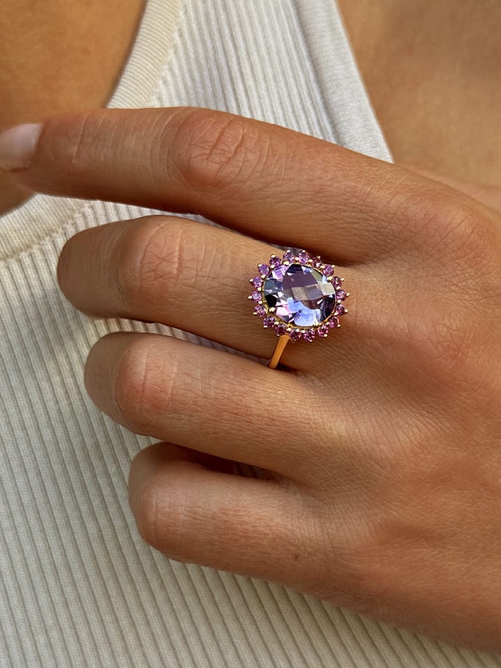 Les Petites Précieuses Pozłacany pierścionek z ametystem i granatem rozmiar: 58