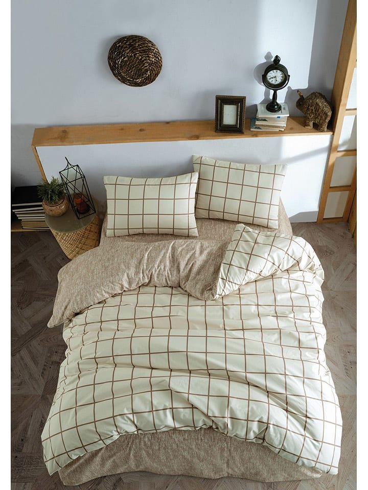 Colourful Cotton Komplet pościeli renforcé "Kare" w kolorze kremowo-beżowym rozmiar: 135x200 cm